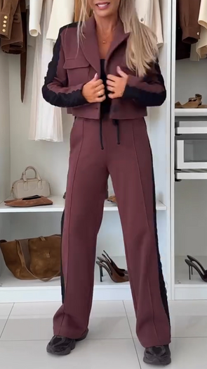 Womens Lapel Splicing Jacket + Pants Casual Suit