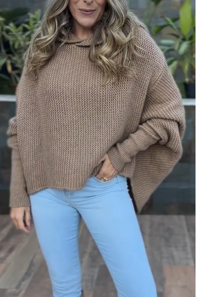 Women Round Neck Hooded Knitted Casual Top
