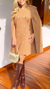 Women Round Neck Double-breasted Spliced Sleeves Temperament Casual Dress