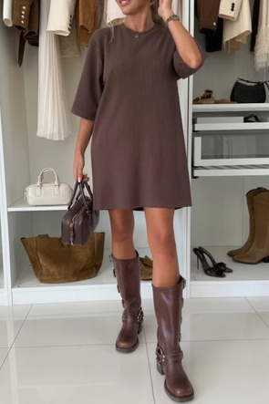 Women Round Neck Solid Color Loose Casual Dress