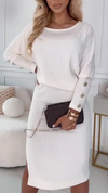 Women Round Neckline Button Decoration + Slit Skirt Casual Suit