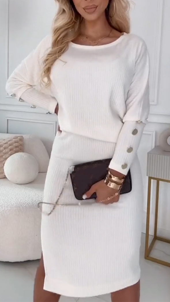 Women Round Neckline Button Decoration + Slit Skirt Casual Suit