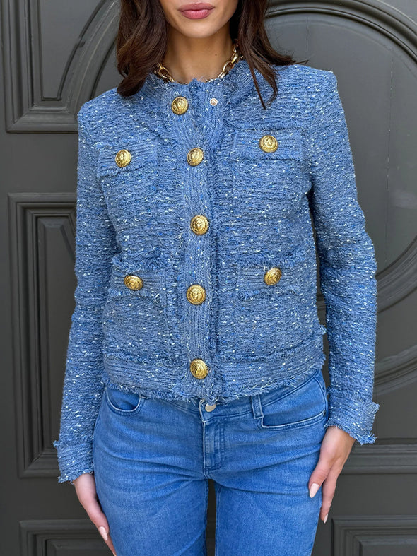 Women Round Neck Breasted Casual Jacket