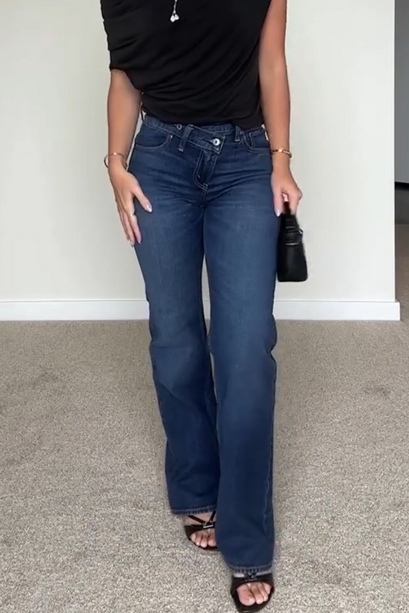 Women Oblique Collar Solid Color Top + Wash Jeans Casual Suit