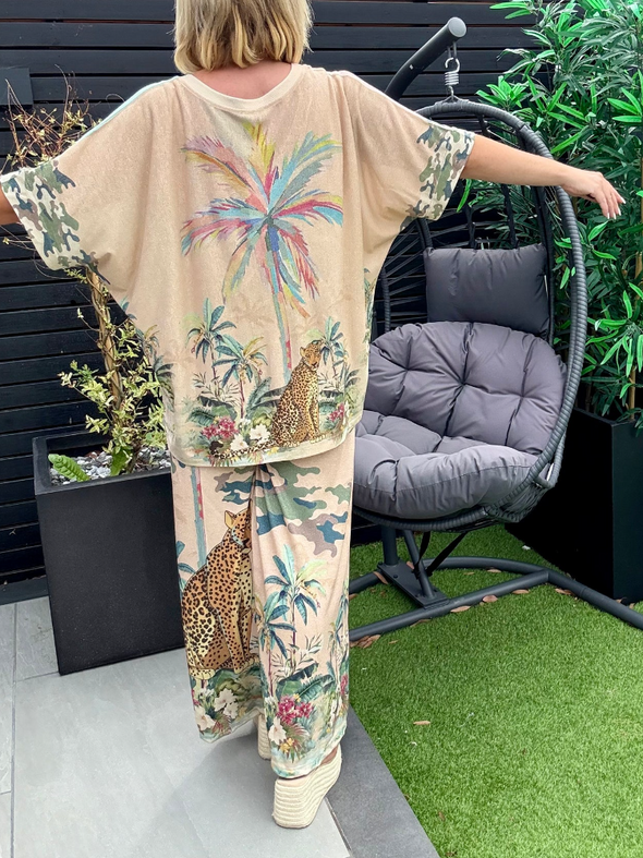 Women V-neck Contrast Print Casual Set