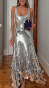 Women Suspender Silver Sequined Tassel Back Hollow Elegant Dress