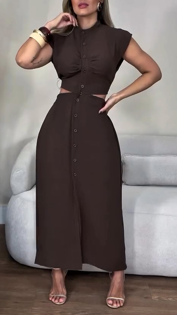 Women's Round Neck Buttoned Hollow Waist Casual Dress