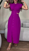 Women's Round Neck Buttoned Hollow Waist Casual Dress