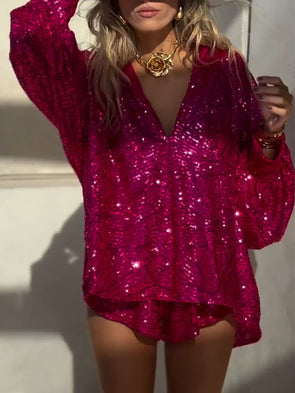 Women's V-neck Sequined Casual Suit