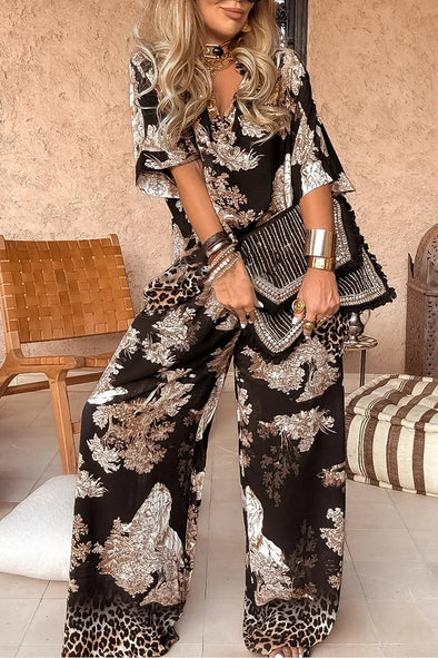 Women's V-neck Printed Top + Pants Loose Casual Suit