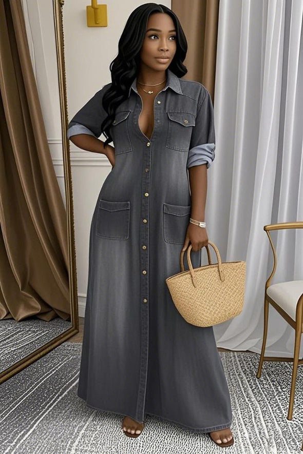Ladies' Lapel Wash Water Splicing Pocket Casual Dress