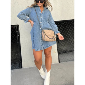 Ladies' Lapel Buckle Lantern Sleeves Casual Dress