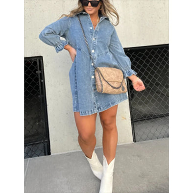 Ladies' Lapel Buckle Lantern Sleeves Casual Dress