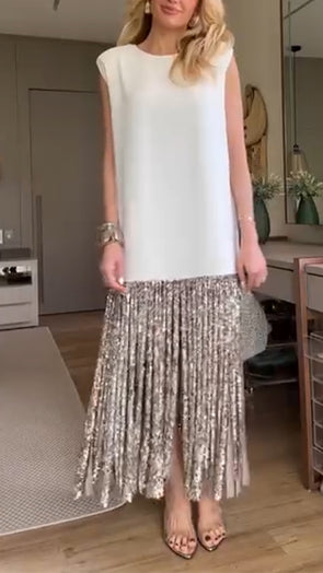 Ladies' Round Neck Patchwork Tassel Casual Dress