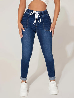 Womens Drawstring Washing Casual Jeanst