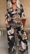 Women's V-neck Printed Top + Pants Loose Casual Suit