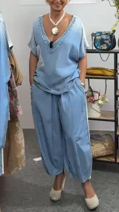 Ladies' V-neck Splicing Pearl Leisure Set