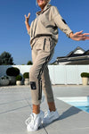 Ladies Round Neck Hooded Drawstring Top+ Vertical Striped Pants Casual Suit
