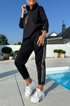 Ladies Round Neck Hooded Drawstring Top+ Vertical Striped Pants Casual Suit