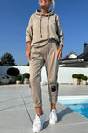 Ladies Round Neck Hooded Drawstring Top+ Vertical Striped Pants Casual Suit