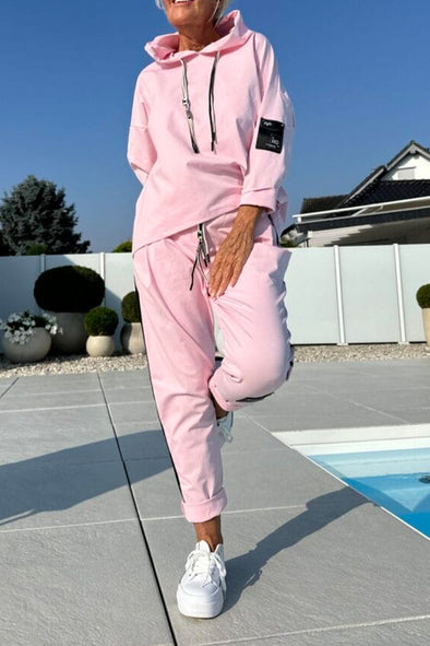 Ladies Round Neck Hooded Drawstring Top+ Vertical Striped Pants Casual Suit