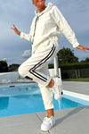 Ladies Round Neck Hooded Drawstring Top+ Vertical Striped Pants Casual Suit