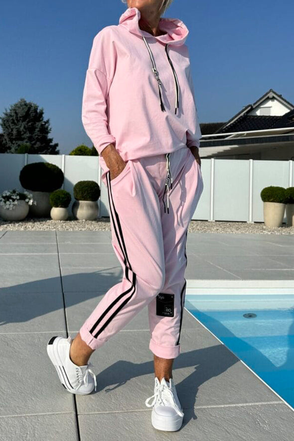 Ladies Round Neck Hooded Drawstring Top+ Vertical Striped Pants Casual Suit