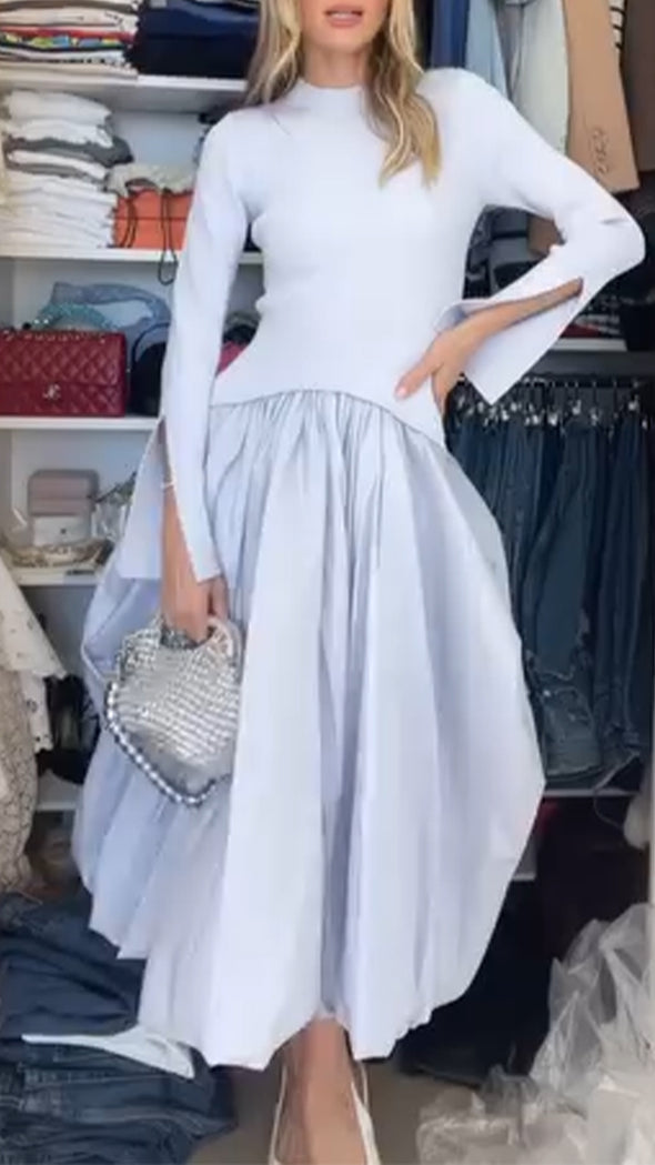 Ladies Round Neck Patchwork Solid Color Elegant Temperament Dress