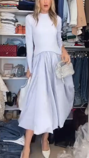 Ladies Round Neck Patchwork Solid Color Elegant Temperament Dress