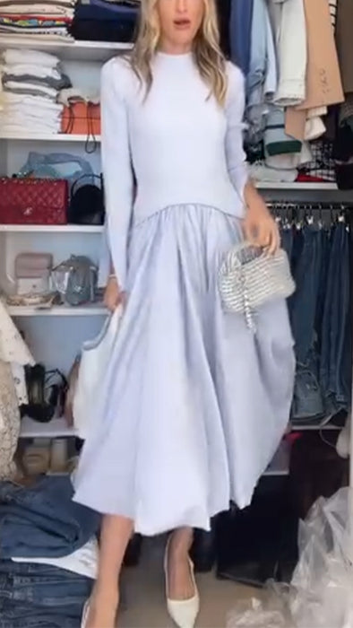 Ladies Round Neck Patchwork Solid Color Elegant Temperament Dress