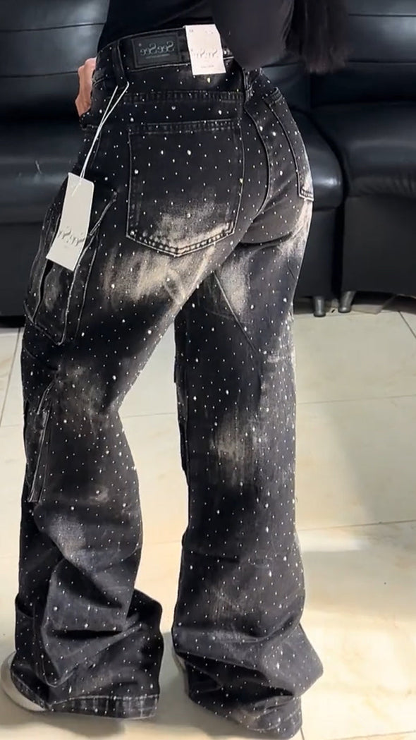 Ladies Hot Pressed Diamond Spliced Multi Pocket Washable Casual Pants