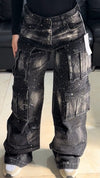 Ladies Hot Pressed Diamond Spliced Multi Pocket Washable Casual Pants