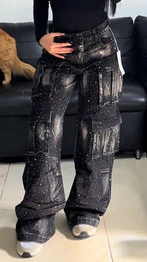 Ladies Hot Pressed Diamond Spliced Multi Pocket Washable Casual Pants