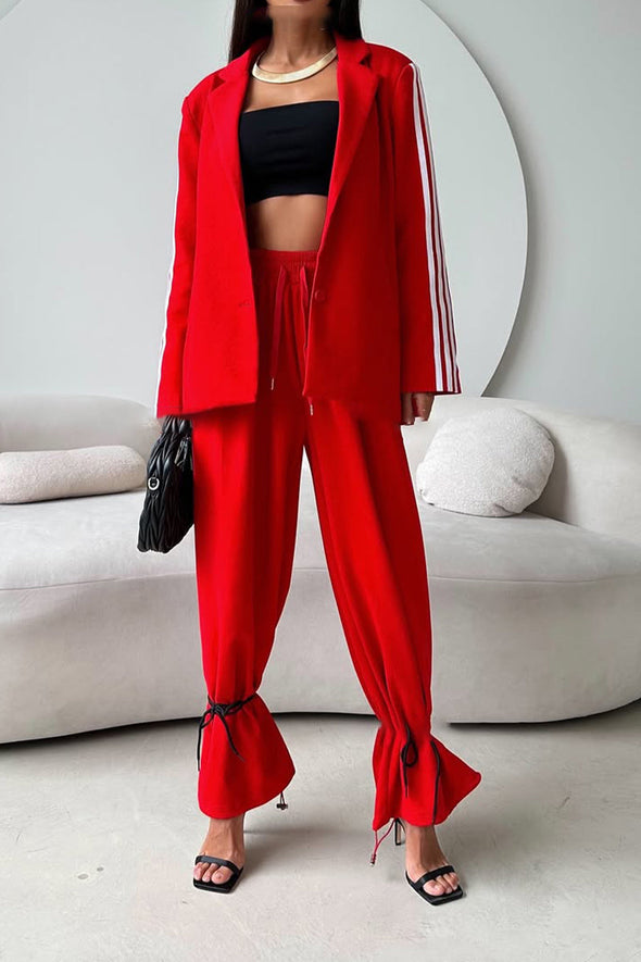 Ladies Collar Vertical Patterned Jacket+ Pants Casual Set