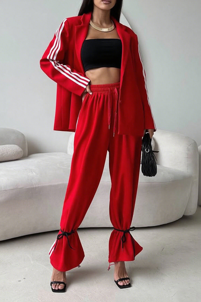 Ladies Collar Vertical Patterned Jacket+ Pants Casual Set