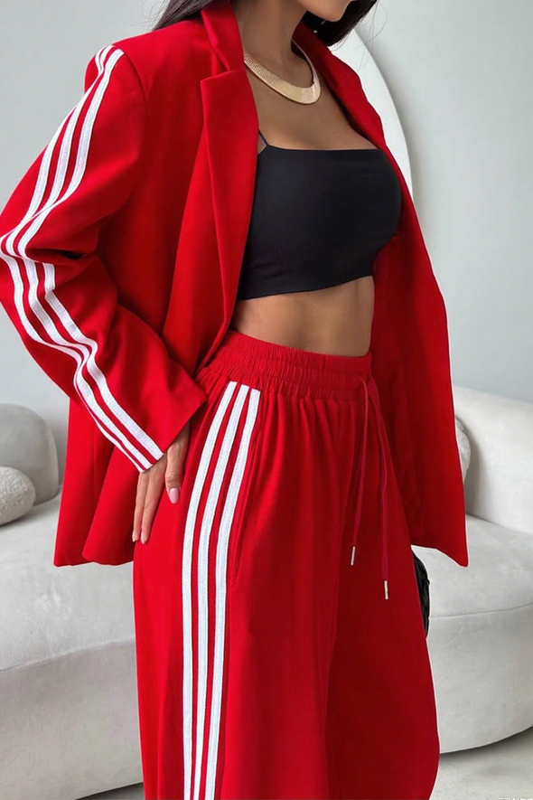 Ladies Collar Vertical Patterned Jacket+ Pants Casual Set