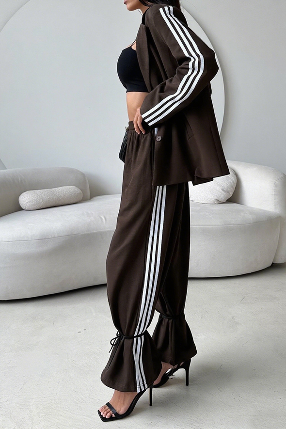 Ladies Collar Vertical Patterned Jacket+ Pants Casual Set