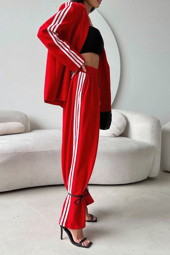 Ladies Collar Vertical Patterned Jacket+ Pants Casual Set