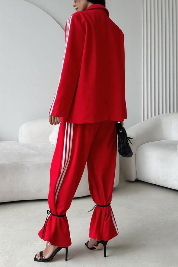 Ladies Collar Vertical Patterned Jacket+ Pants Casual Set