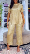 Ladies Round Neck Sequin Solid Color Casual Set