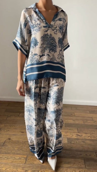 Women Collar Printed Top+ Pants Loose Casual Suit
