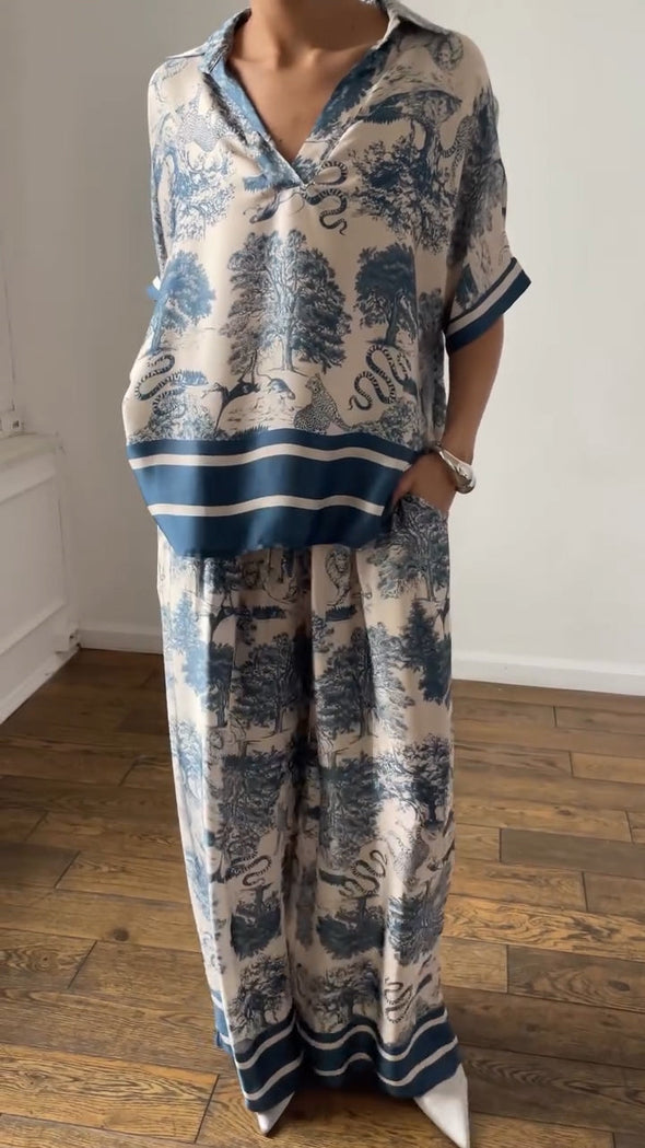 Women Collar Printed Top+ Pants Loose Casual Suit