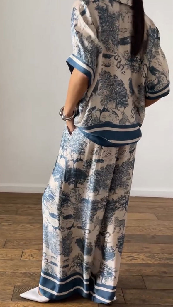 Women Collar Printed Top+ Pants Loose Casual Suit