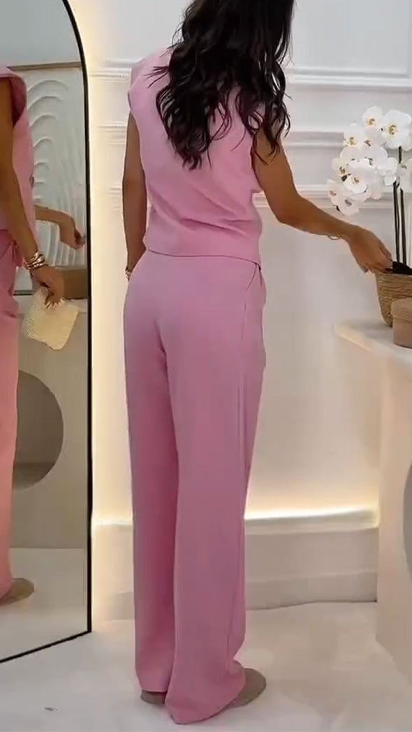 Ladies V-neck Top+ Pants with A Casual Temperament Suit