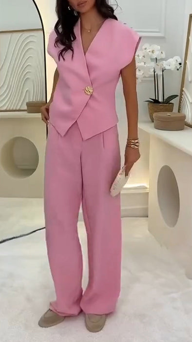 Ladies V-neck Top+ Pants with A Casual Temperament Suit