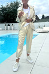 Ladies Collar Vertical Patterned Jacket+ Pants Casual Set
