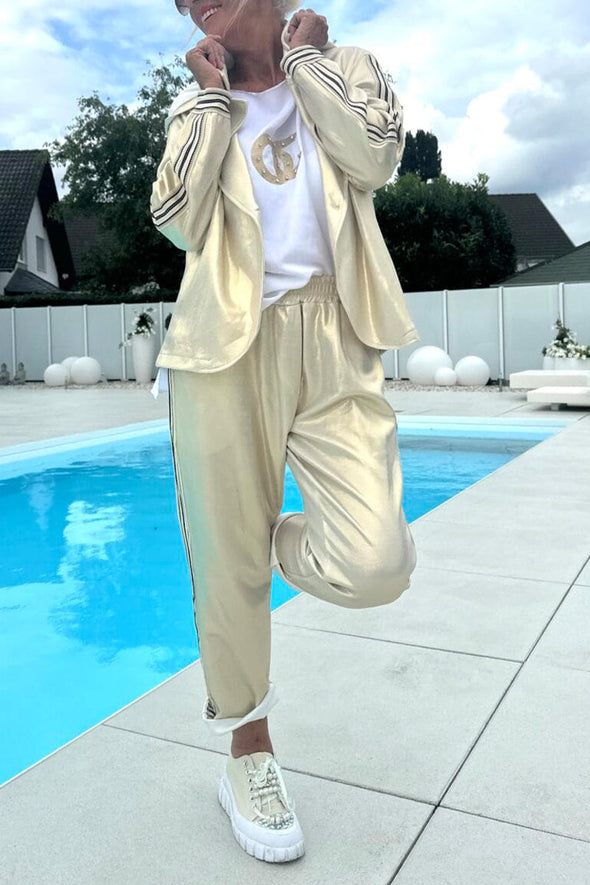 Ladies Collar Vertical Patterned Jacket+ Pants Casual Set
