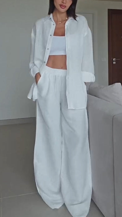 Ladies Collar Button Up Shirt+ Pants Solid Color Casual Loose Suit