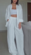 Ladies Collar Button Up Shirt+ Pants Solid Color Casual Loose Suit