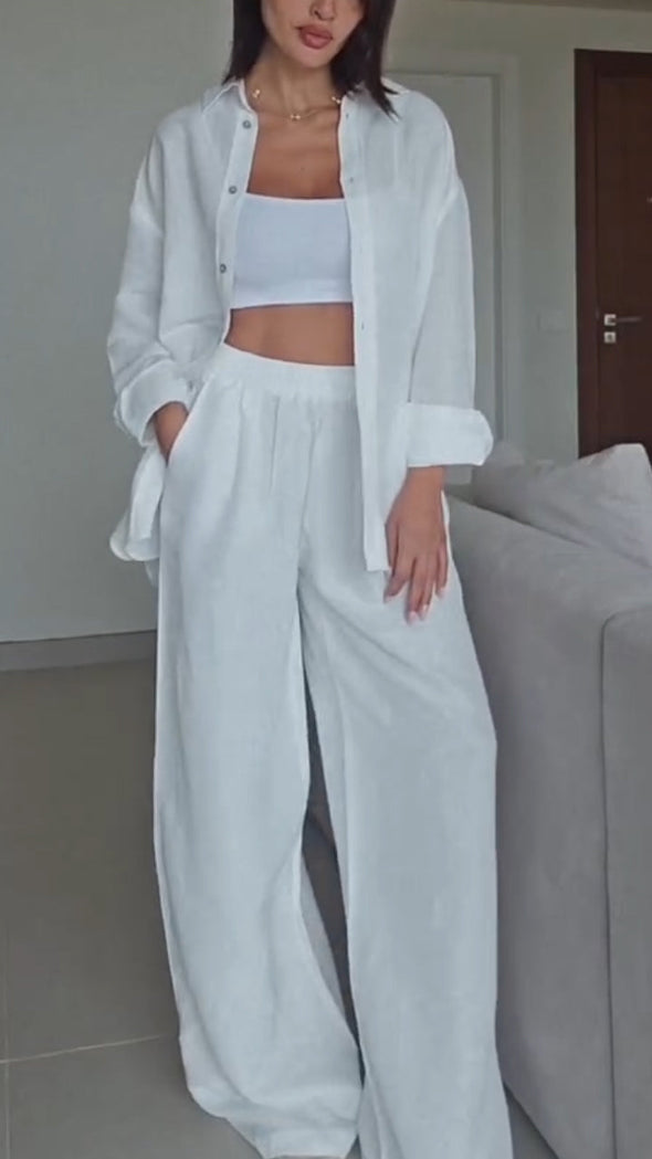 Ladies Collar Button Up Shirt+ Pants Solid Color Casual Loose Suit